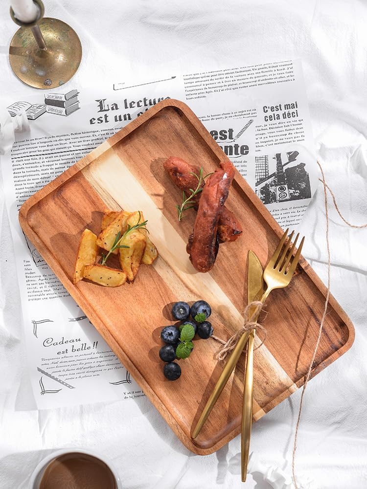 2 PCS Solid Acacia Wood Serving Trays Rectangular Wooden Serving Platters Natural Wooden Boards for Bar Coffee Party 13.5 * 9.5 inch (13.5 * 9.5)