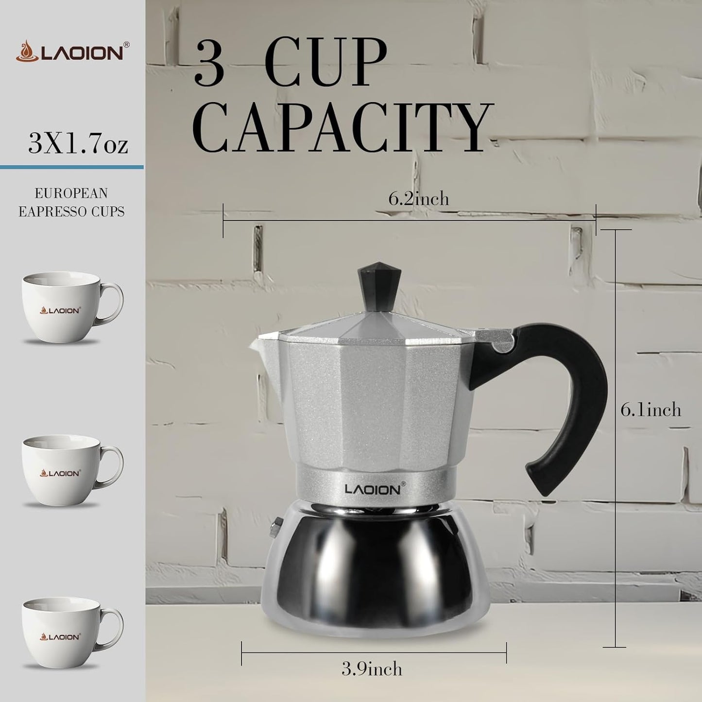 Stovetop Espresso Maker, 3Cup Moka Pot, Espresso Machine Compatible with Induction Cooktops, 150ml Stainless Steel & Aluminum Cuban Coffee Maker for Cafetera Cubana, Silver