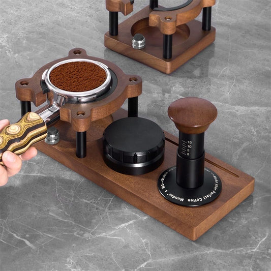 Adjustable Wooden Espresso Tamping Station, Coffee Tamper Base Portafilter Holder Compact Tamping Station Sapele Wood Coffee Portafilters Stand Base (B)