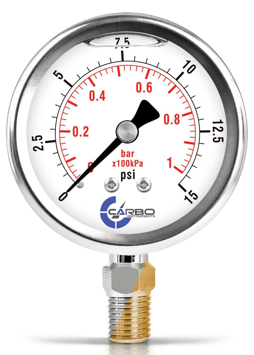 Stainless Steel Pressure Gauge Dual Display (0-15 psi/kPa) - 2 1-2" Glycerine Liquid Filled Water Air Oil Gas Gauge with Polycarbonate Lens & Brass Connection - 1/4" NPT