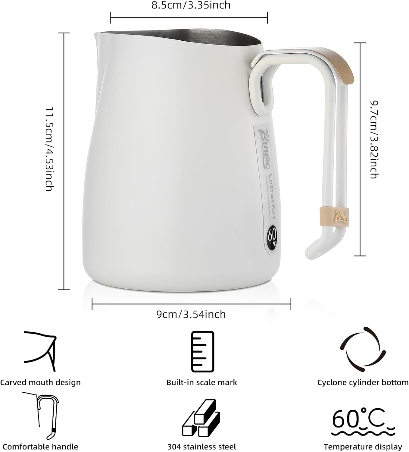 Bincoo Espresso Milk Frothing Pitcher Stainless Steel 20oz/600ML Coffee Milk Frother Cup-Milk Frothing Pitcher with Measurement Lines,Ergonomic Handle for Latte Art & Cappuccino(White)