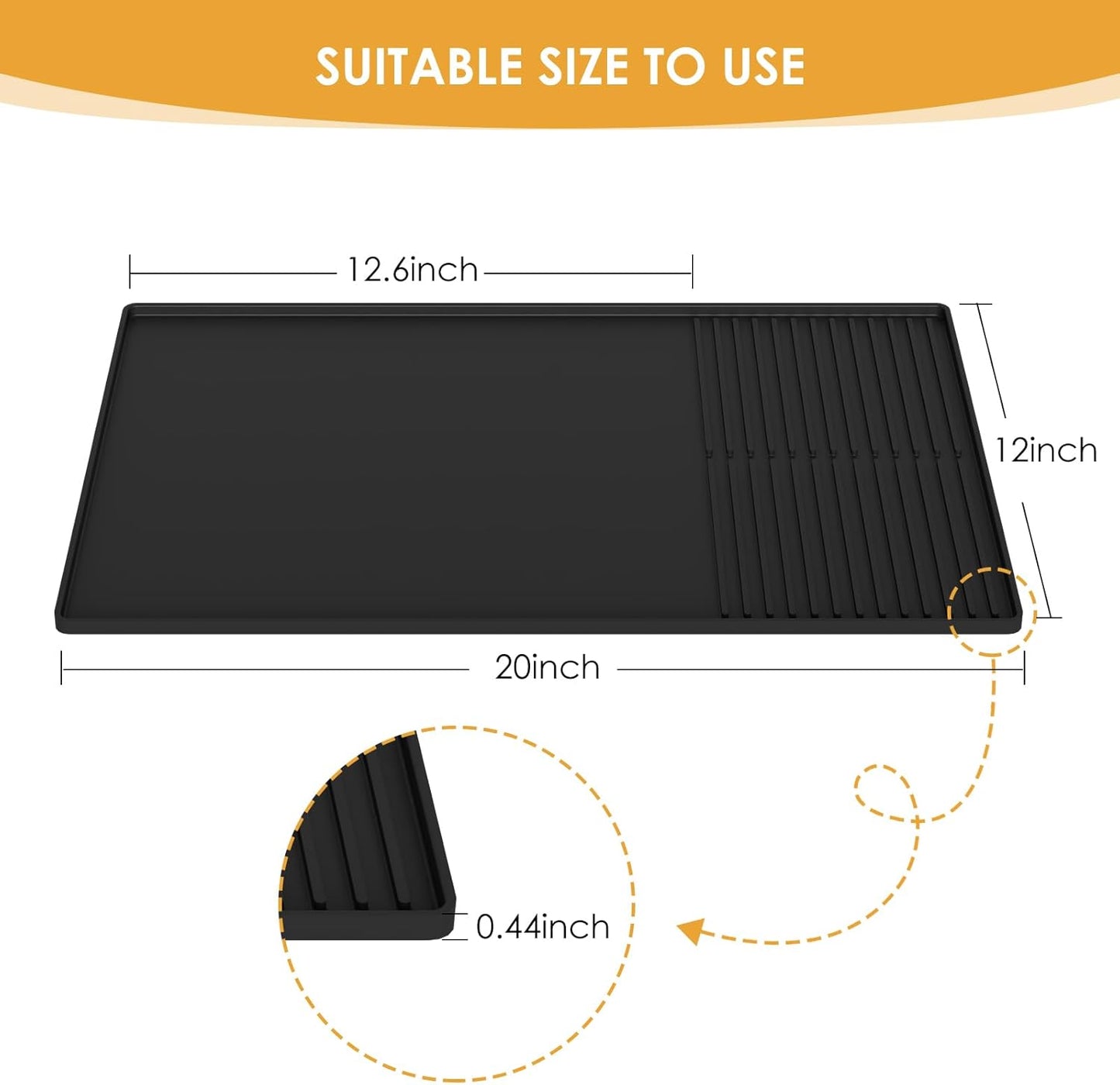 Silicone Coffee Mat with Raised Edges, 20'' X 12'', Bar Mat for Countertops, Fits Under Coffee Maker, Espresso Machine, Dish Drying Mat (BLACK)
