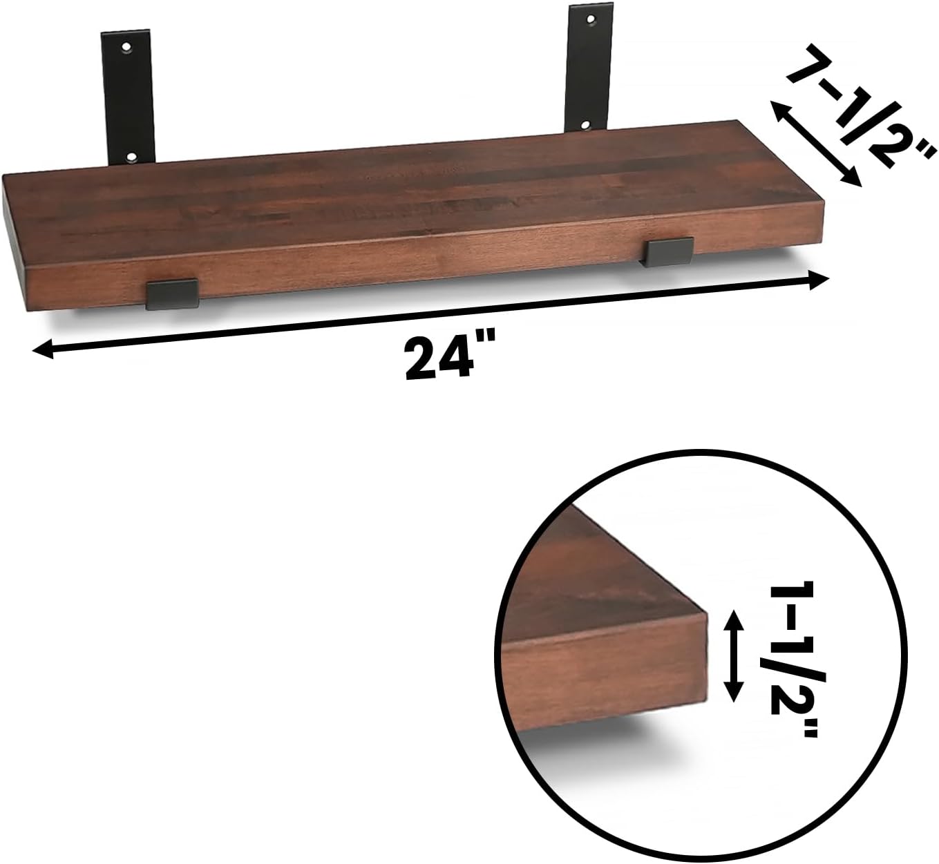 CONSDAN Floating Shelves for Wall Mounted Book Shelf Hanging Shelves Floating Bookshelf for Bedroom, Bathroom, Living Room, Kitchen USA Grown Solid Hardwood, Dark Maple 24x7.5x1.5 in (Set of 2)