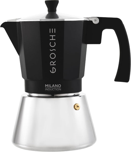 GROSCHE Milano Induction Stovetop Espresso Maker Moka Pot for Greca, Induction, Electric & Gas Stoves, Dishwasher Safe Stovetop Espresso Maker | 9 Espresso Cup, Black