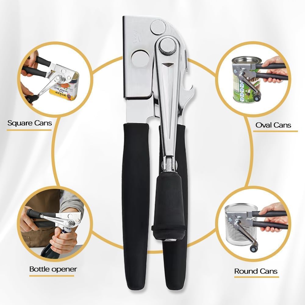 Manual Can Opener,Commercial Heavy Duty Can Openers with Easy-Turn Crank,Ergonomic Long Rubber Handle for Seniors