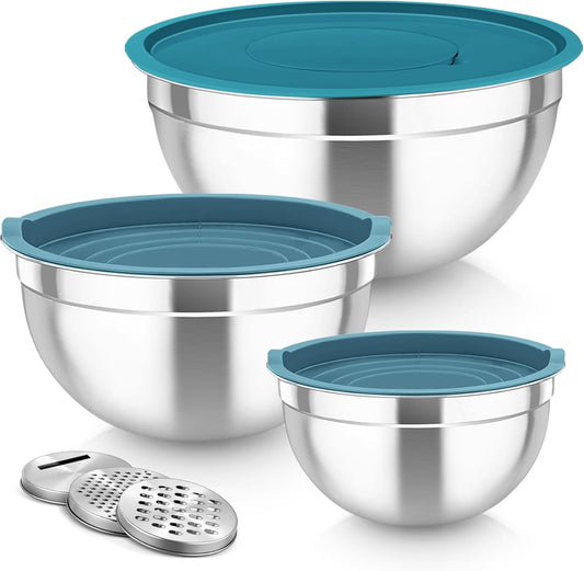 TeamFar Mixing Bowls, Stainless Steel Nesting Salad Bowls with Lids Set of 3 & 3 Grater Attachments, For Mixing/Serving/Storing, Non-toxic & Long-lasting, Size 4.6/3 / 1.5 QT, Navy Blue