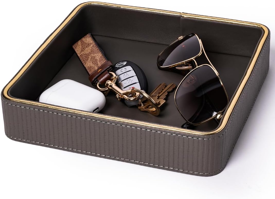 Key Bowl for Entryway Table| Leather Catch All Bowl| Key Dish Bowl for Entryway Table| Key Basket EDC Tray| Key and Wallet Holder Key Holder Bowl| Bowl for Keys Entryway Table -Gray