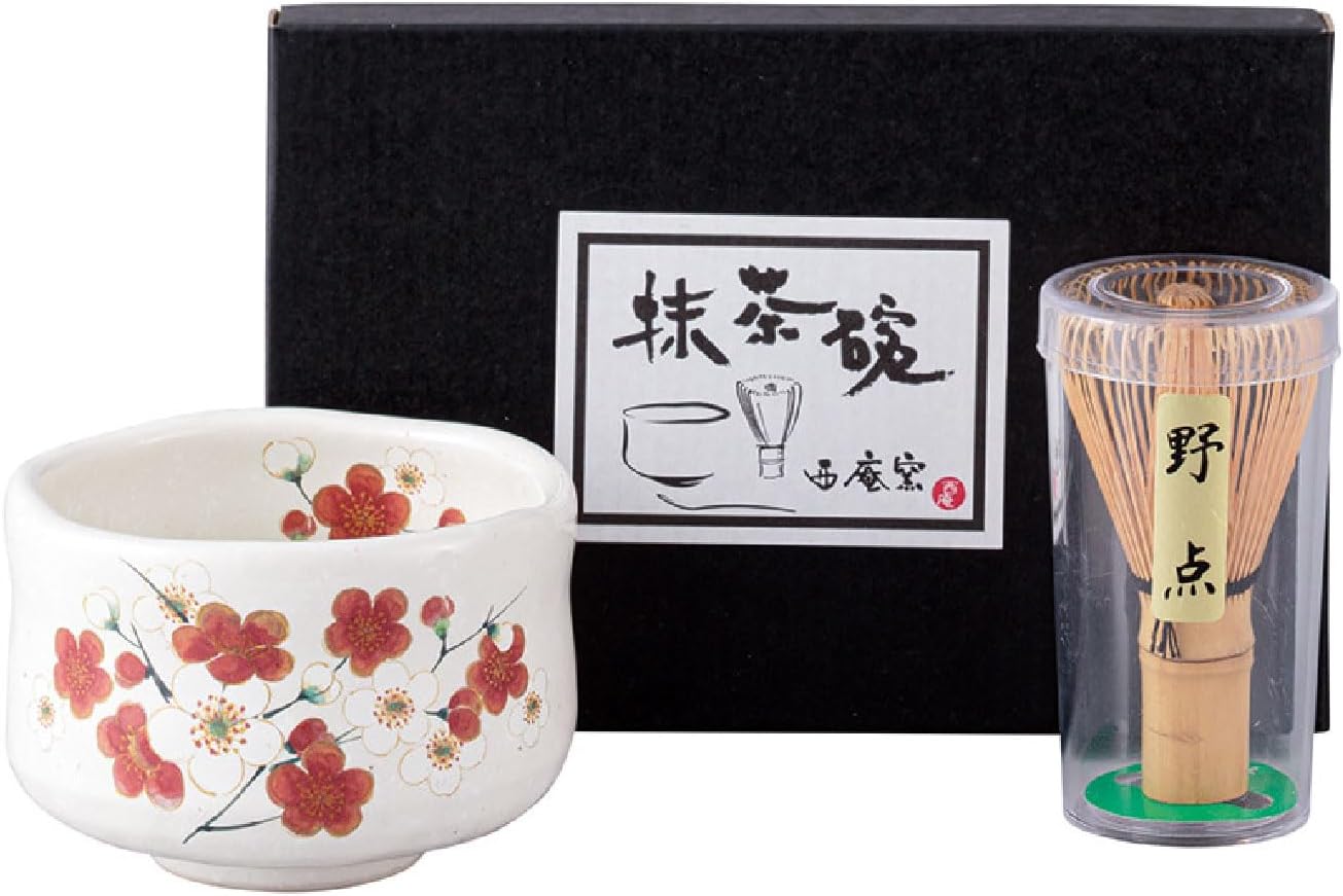 Japanese Traditional Mino Ware Handcrafted Mini Matcha Chawan Tea Bowl Cup Set With Chasen Bamboo Tea Whisk Ceremony Tableware Pottery (Kohiki Ume)