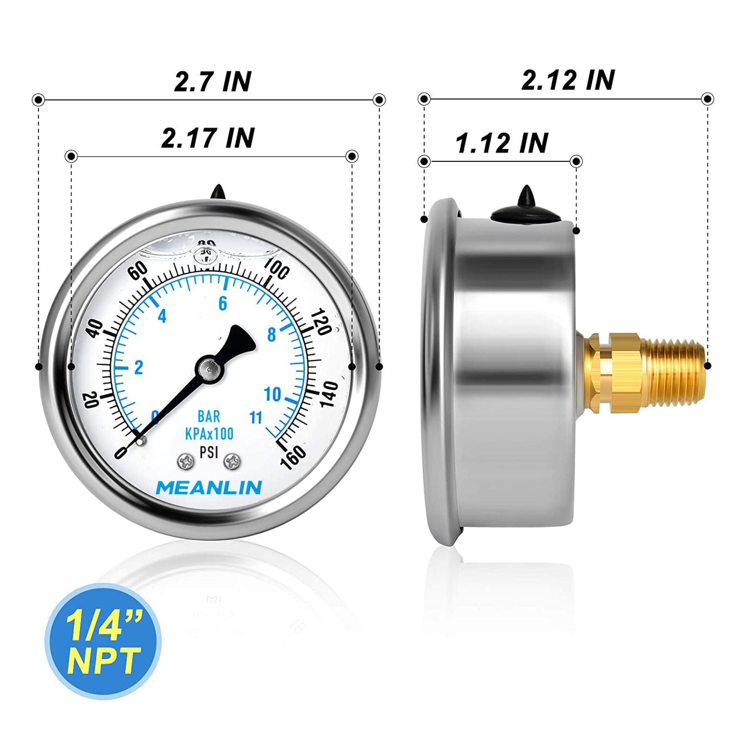 MEANLIN MEASURE 0~160Psi Stainless Steel 1/4" NPT 2.5" FACE DIAL Liquid Filled Pressure Gauge WOG Water Oil Air Back Mount (Pack of 2), with 1/2" NPT and 3/8" NPT Hex Bushing