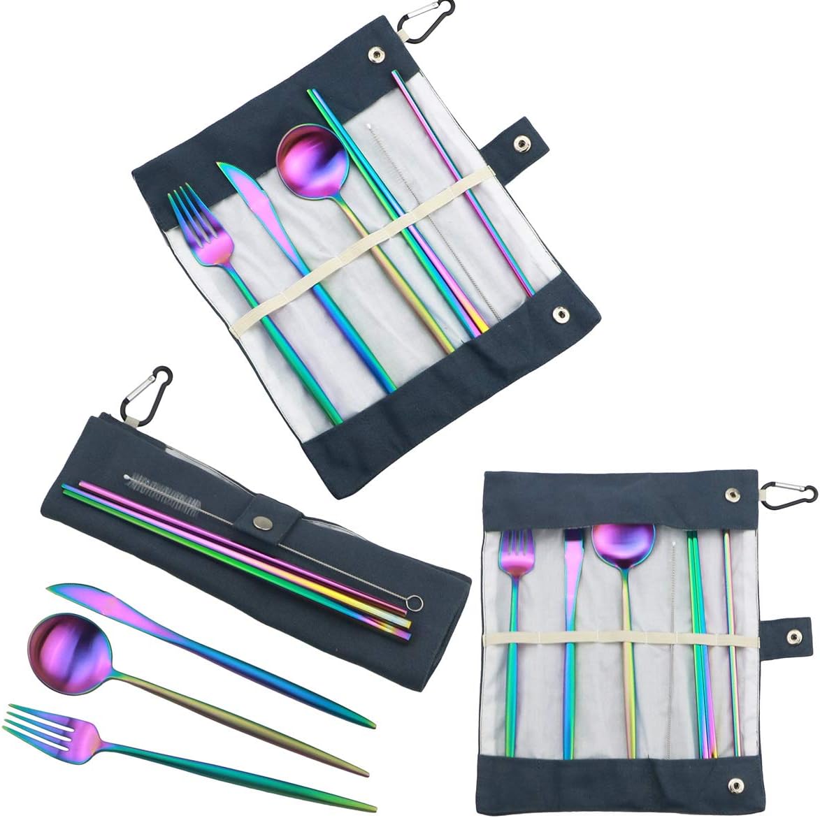 Gugrida Reusable Travel Utensils, 7 Piece Portable 304 Stainless Steel including Knife Fork Spoon Chopsticks Cleaning Brush Straws Portable Pouch, Eco-friendly Camping Silverware Set, Dishwasher Safe