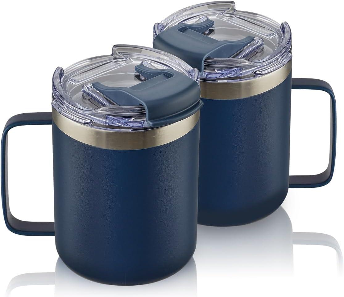 ALOUFEA 12oz Stainless Steel Insulated Coffee Mug with Handle, Double Wall Vacuum Tumbler Cup with Fliping Lid, Navy, 2 Pack