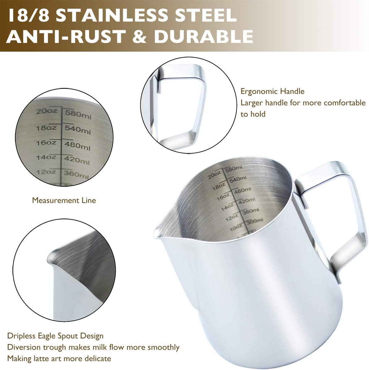 CAMKYDE Milk Frothing Pitcher 20 oz, Stainless Steel Espresso Steaming Pitcher with Decorating Pen for Coffee, Espresso Machines, Cappuccino, Latte Art A Silver