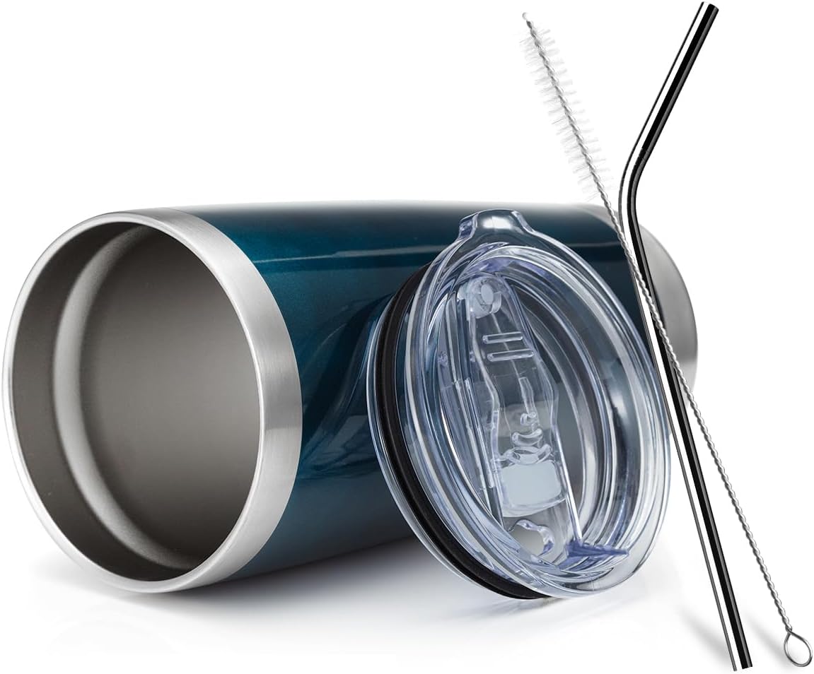 COMOOO 20oz Double Wall Vacuum Insulated Travel Mug, Stainless Steel Tumbler with Lid and Straw Durable Powder Coated Insulated Coffee Cup for Cold & Hot Drinks (Peacock Blue. 2 pack