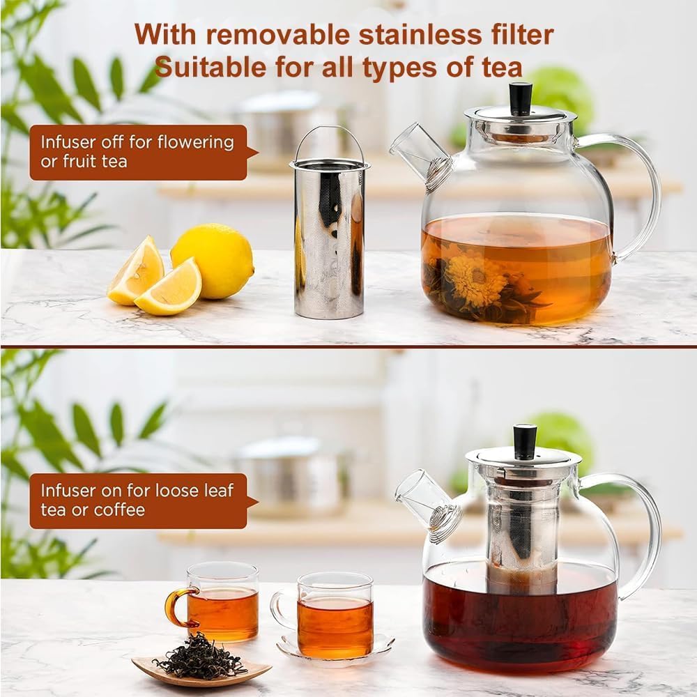 1500ml(50oz) Glass Teapot with Removable Infuser, Ehugos Stovetop Safe Large Tea Pot, Blooming and Loose Leaf Hand Crafted Kettle for Women and Adult with Stainless Infuser