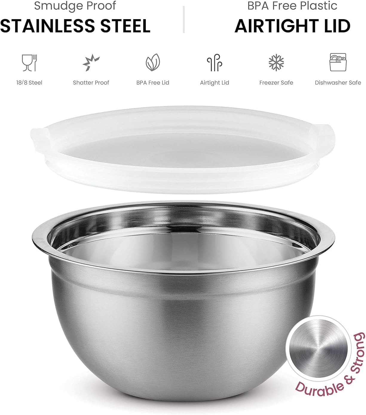 Mixing Bowls Set of 5, Stainless Steel Salad Bowls with Lids, Nesting Metal Mixing Bowls for Baking, Cooking, Prepping & Food Storage