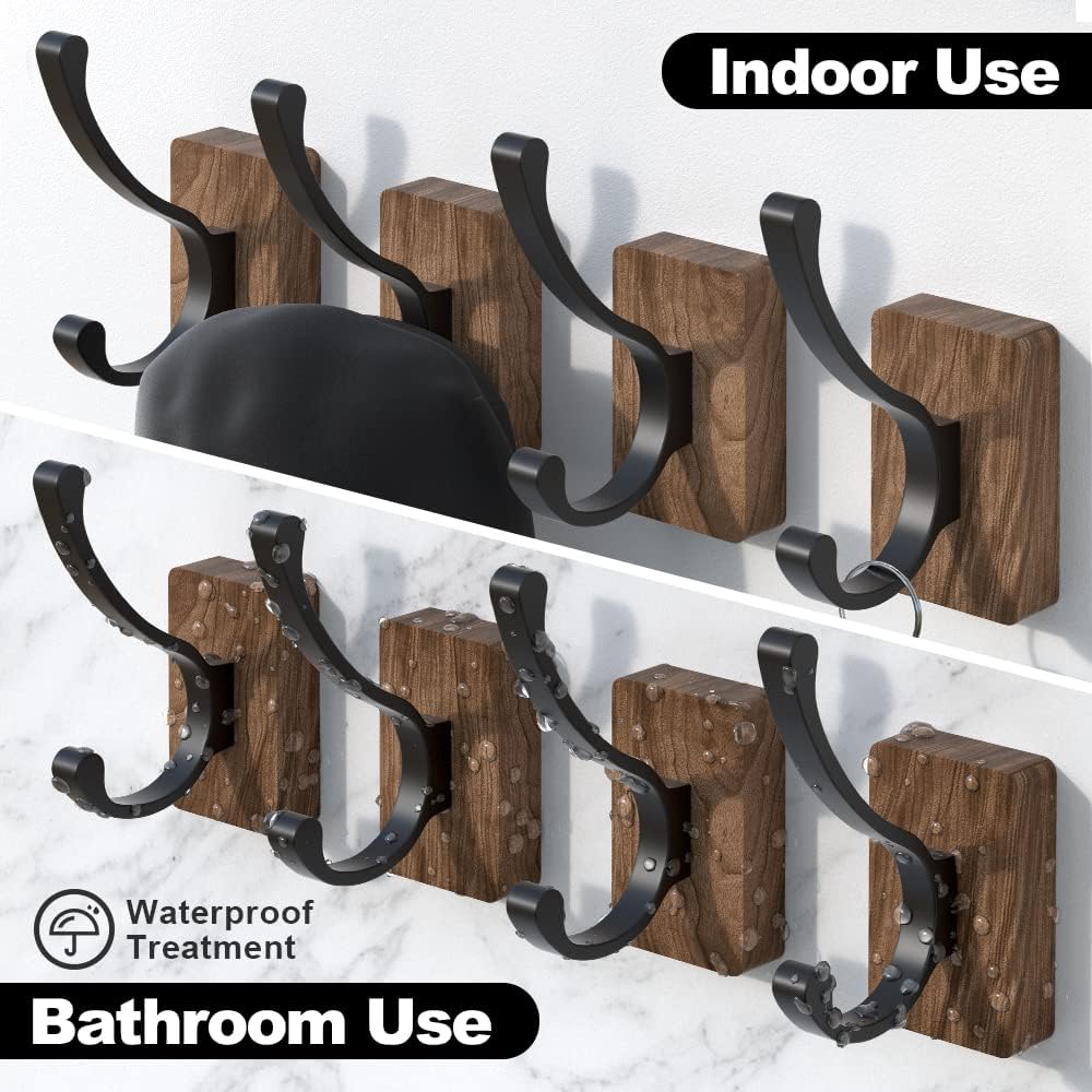 4 PCS Black Walnut Wood Wall Hooks Adhesive Mounted & Wall Mounted Rustic Decorative Entryway Hooks Mid Century Modern Natural Wooden Pegs for Hanging Coat Clothes Hat Bag Purse and Towel