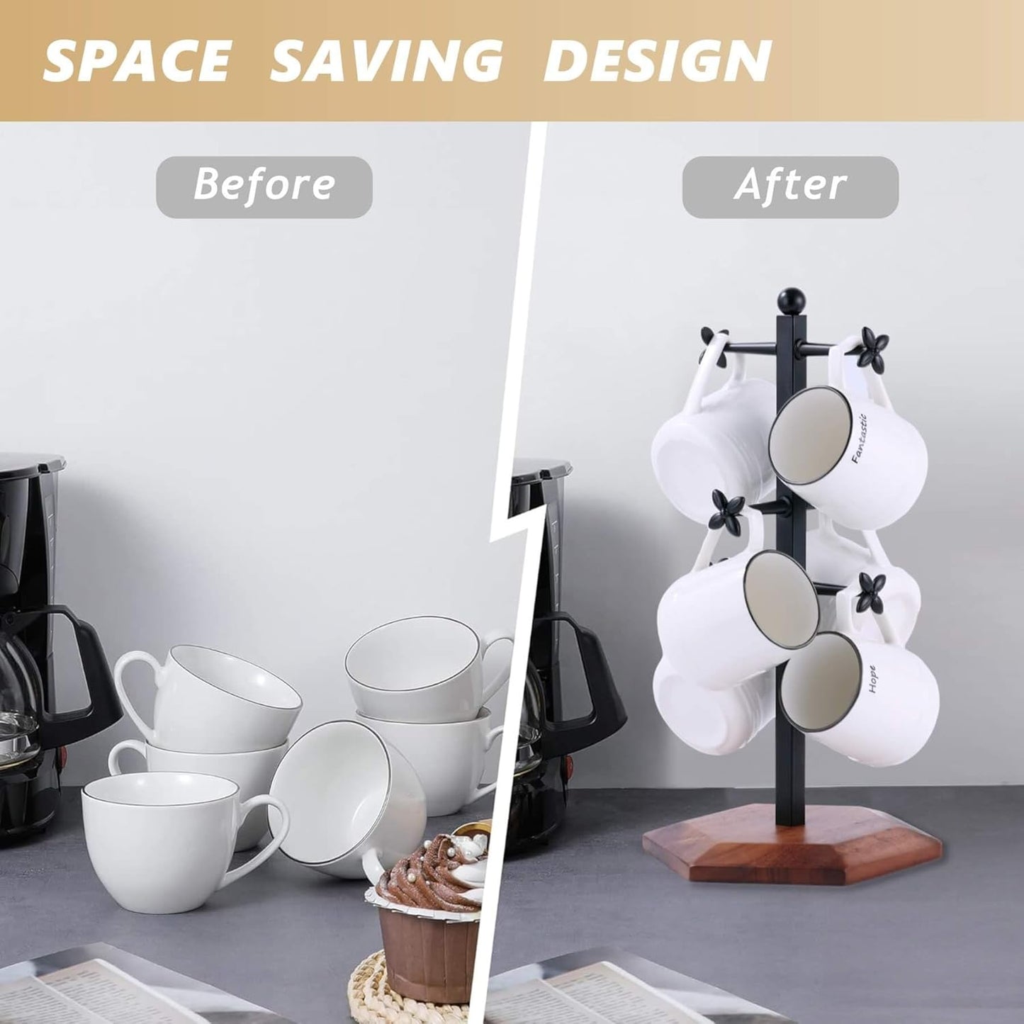 Coffee Mug Holder, Mug Tree for Counter, Cup Holder with 6 Floral Hooks, Wooden Mug Rack, Mug Stand for Counter, Coffee Bar Station Organizer, Black