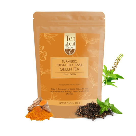 Tealeaf & Co. Turmeric Tulsi Holy Basil Green Tea Loose Leaf - Turmeric, Tulsi & Peppermint Tea Blended with Fresh Herbs & Spices - 50 Servings, Low Caffeine & Gluten Free (3.52oz/100gm)