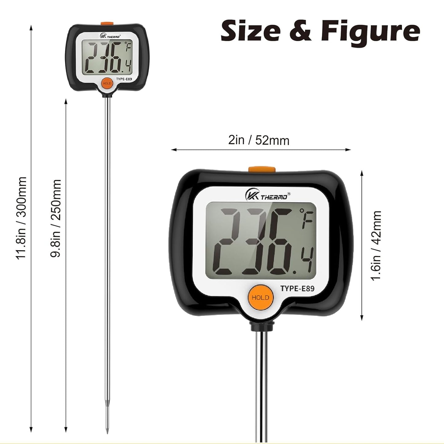Digital Candy Thermometer with Adjustable Display, 304 Stainless Steel Probe, -58°F~572°F, Black Body, Includes 2 Pot Clips & Heat-Insulating Pad for Sugar Syrup, Jam, Chocolate, Frying Oil