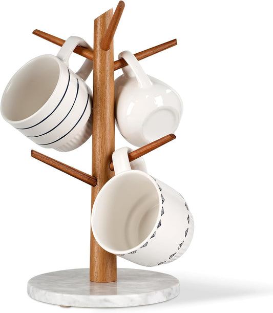 Acacia Wood Mug Tree, Marble Base Coffee Mug Tree for Counter, Mug Holder Tree with 6 Hooks for Kitchen Coffee Bar Mug Organize
