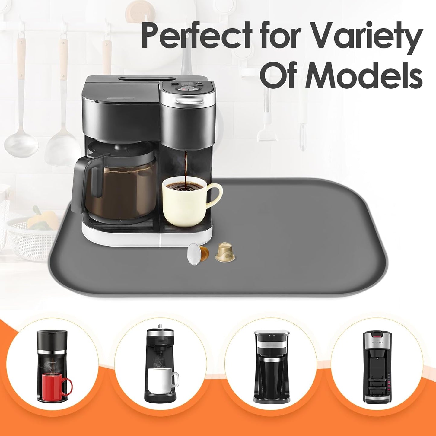 Silicone Coffee Maker Mat with Lip, 24'' x 16'' Heavy Duty Coffee Maker Mat for Countertops, Coffee Tray Fit Under Coffee Machine Appliance Automatic Machines Espresso Accessory, Grey