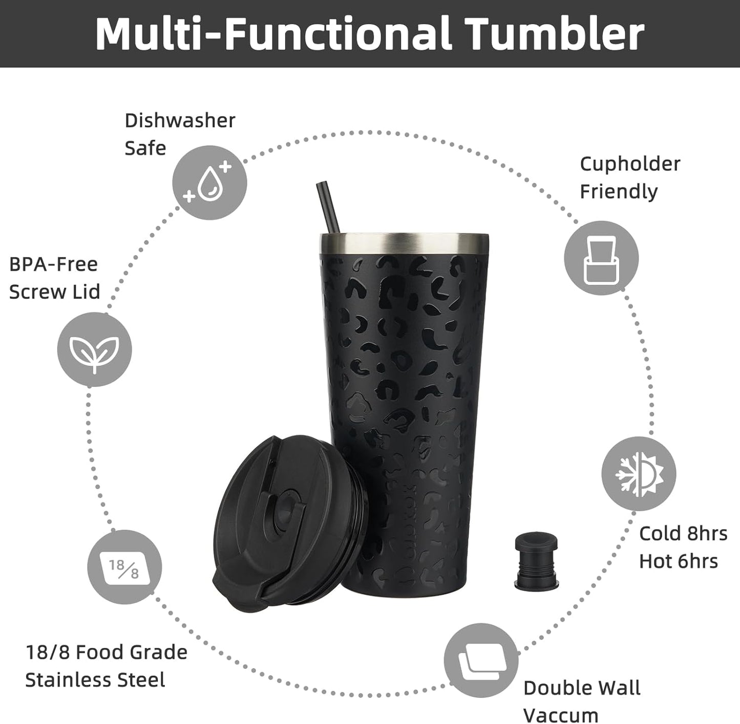 BJPKPK 22oz Insulated Tumbler With lid And Straw Stainless Steel Tumblers Travel Coffee Mug Reusable Thermal Cup,Black Leopard