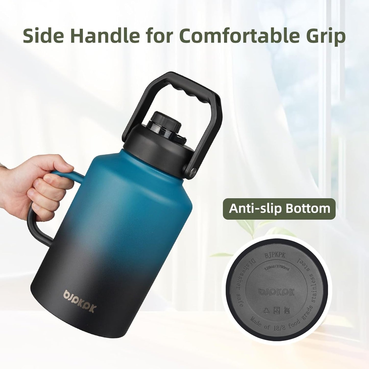 BJPKPK 1 Gallon Water Bottle with Handle, Large Dishwasher Safe 128oz Insulated Water Bottle, BPA Free Water Jug, Wide Mouth Metal Water Bottle with Anti-slip Bottom, Keep Cold & Hot,Black