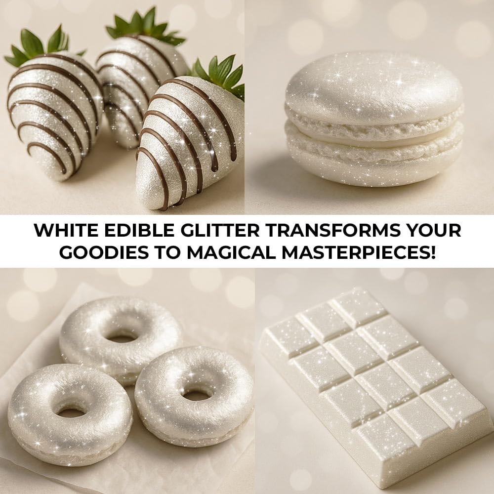 Bulk 20g White Edible Glitter for Drinks | Premium Edible Glitter for Cakes, Cocktails, White Cake Decorating Decorations Food Grade, Vegan, Kosher, Halal, Gluten Free - Made in USA