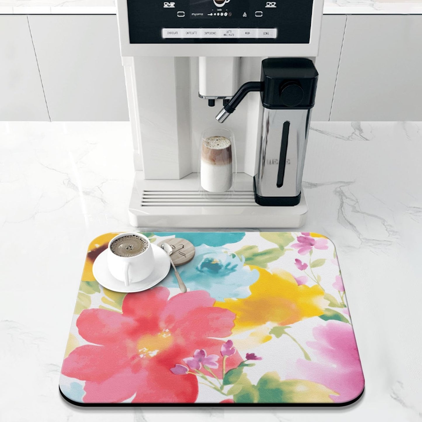 Dish Drying Mat, 16x18in, Watercolor Flower, Rubber Backed, Absorbent, Quick Dry, Fit Kitchen Counter, Bar, Under Sink, Dishes, Utensils, Dish Rack