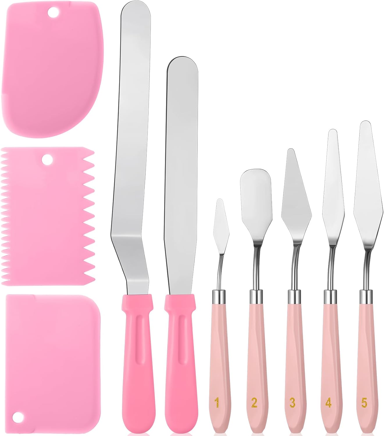10 Pcs cake spatula set Decorating Kit Baking Supply Accessories Tools for Beginners and Pros Includes 2 Frosting Straight Angled Spatula 3 Icing Smoother Scrapers 5 Pieces Cream tools(Pink)