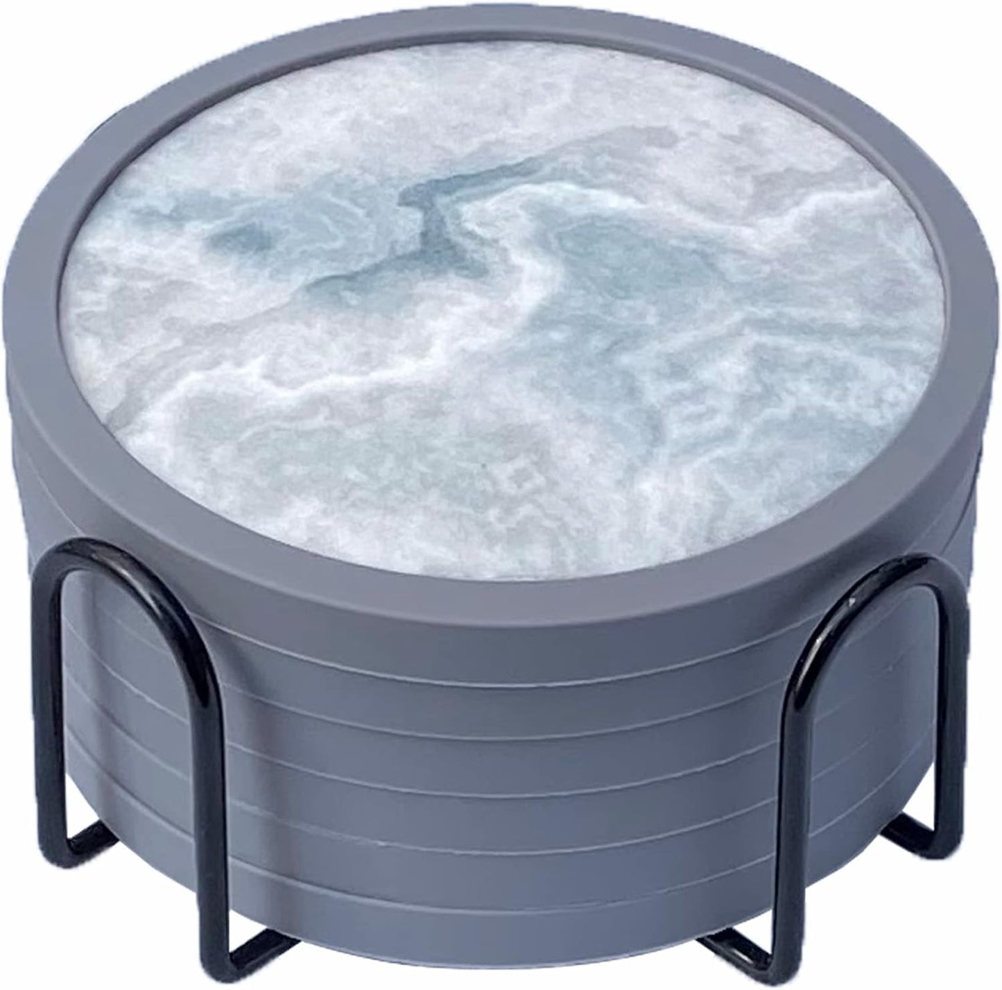 Absorbent Coasters for Drinks with Holder - 6packs, Silicone Coaster with Soft Felt Insert (4.3 inch Coasters with 4.5 inch Holder, Marble Style)