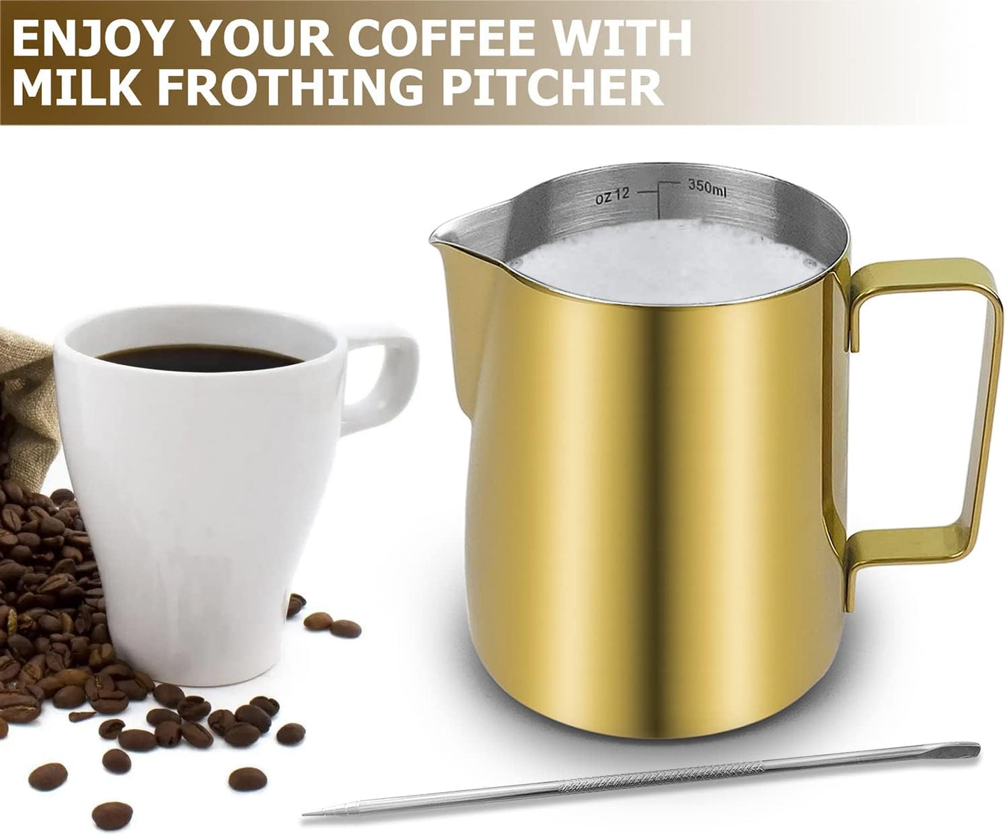 CAMKYDE Stainless Steel Milk Frothing Pitcher 12 oz, Espresso Steaming Pitcher with Decorating Pen for Espresso Machines, Cappuccino, Latte Art (Gold)
