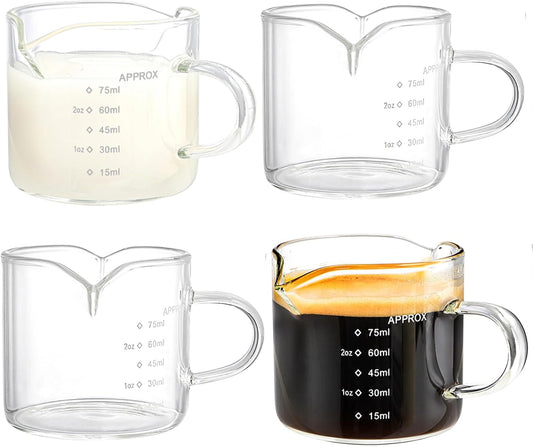 Yarlung 4 Pack Measuring Cups Espresso Shot Glasses, Double Spouts Espresso Cup Glass Graduated 75 ML/ 2.5 OZ for Milk Pitcher, Coffee Maker Accessories