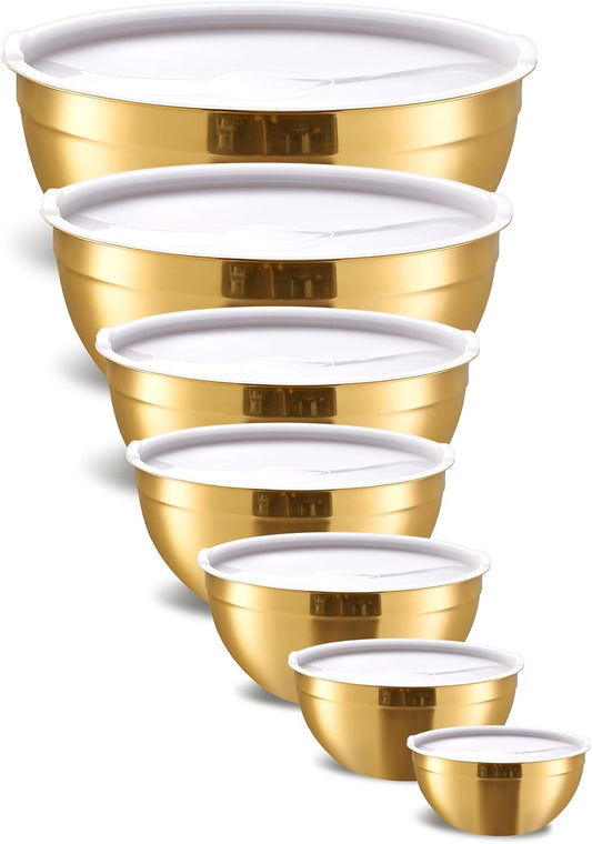 Gold Mixing Bowls With Airtight Lids,Stainless Steel Bowl,Salad Bowls 7 Piece Colorful Nesting Bowl Gold Kitchen Accessories,Size 7,3.6,2.7,2.1,1.5,1.1,0.8QT Stackable Design