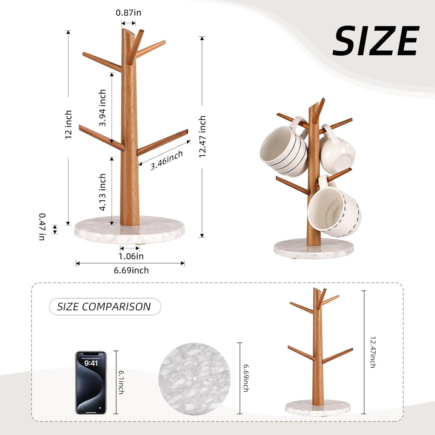 Acacia Wood Mug Tree, Marble Base Coffee Mug Tree for Counter, Mug Holder Tree with 6 Hooks for Kitchen Coffee Bar Mug Organize