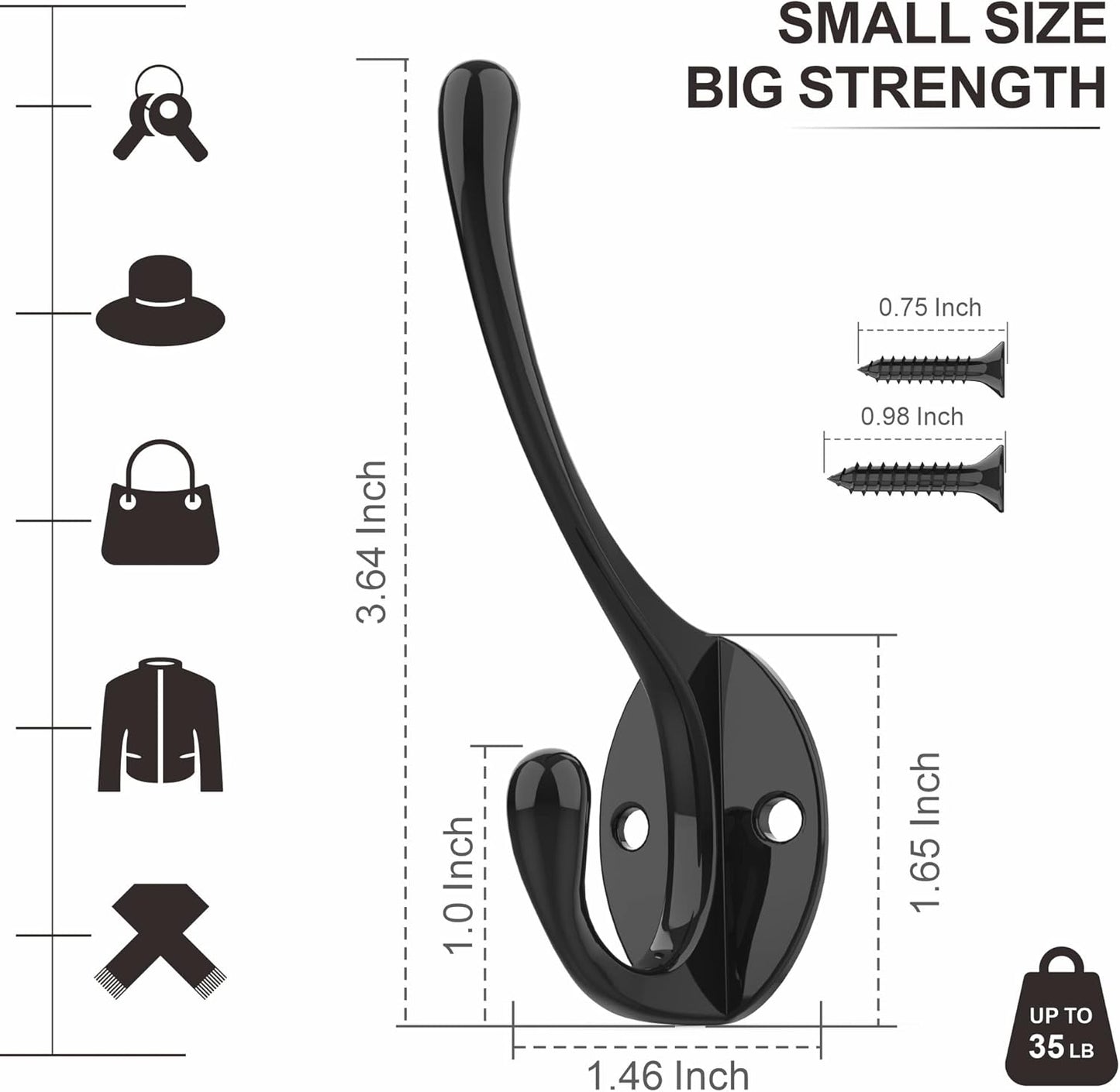 Coat Hooks | Wall Mount Coat Hangers | Black Metal Hooks for Wall with 20 Screws (10Pack)