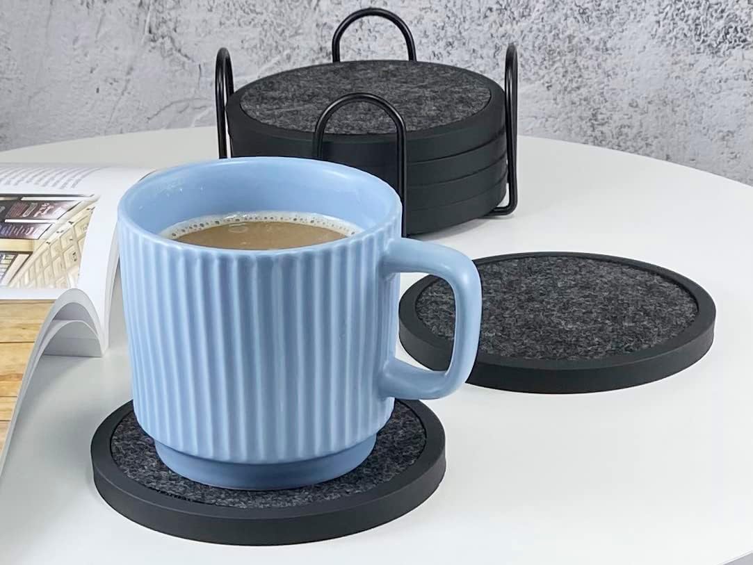 Absorbent Coasters for Drinks with Holder - 6packs, Silicone Coaster with Soft Felt Insert (4.3 inch Coasters with 4.5 inch Holder, Black and White)