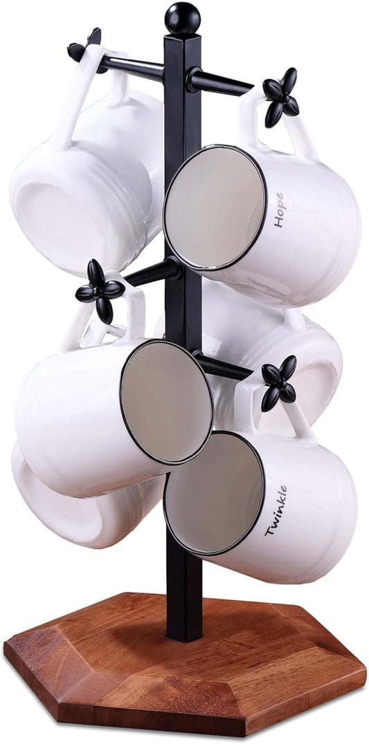 Coffee Mug Holder, Mug Tree for Counter, Cup Holder with 6 Floral Hooks, Wooden Mug Rack, Mug Stand for Counter, Coffee Bar Station Organizer, Black