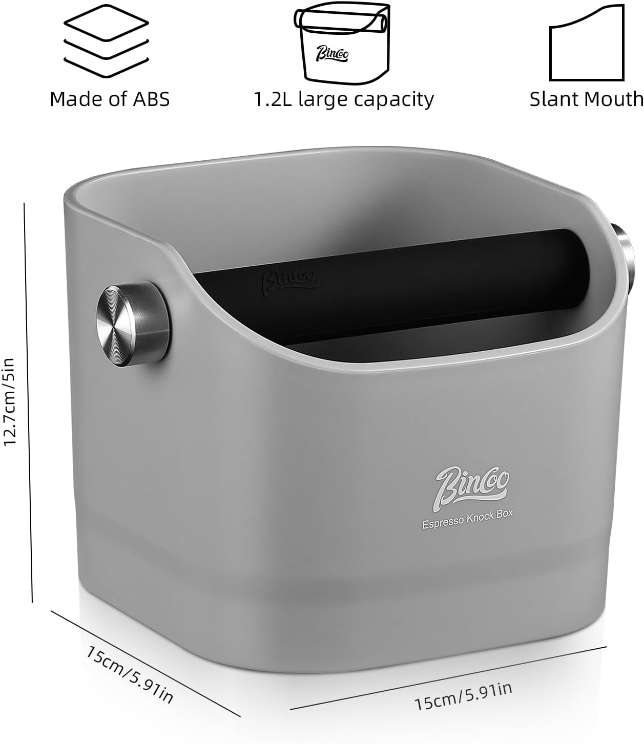 Espresso Knock Box - Bincoo Espresso Machine Knock Box/Espresso Grounds Knock Box, Barista Style Coffee Knock Box for Grounds with Removable Shock-Absorbent Knock Bar and Anti-Slip Base. (Grey)