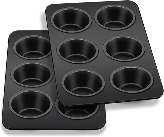 TeamFar Muffin Pan, 6 Cup Muffin Tin Cupcake Pan Tray with Nonstick Coating and Stainless Steel Core, for Home/Kitchen Baking, Healthy & Heatproof, Release Easily & Easy Clean, Set of 2