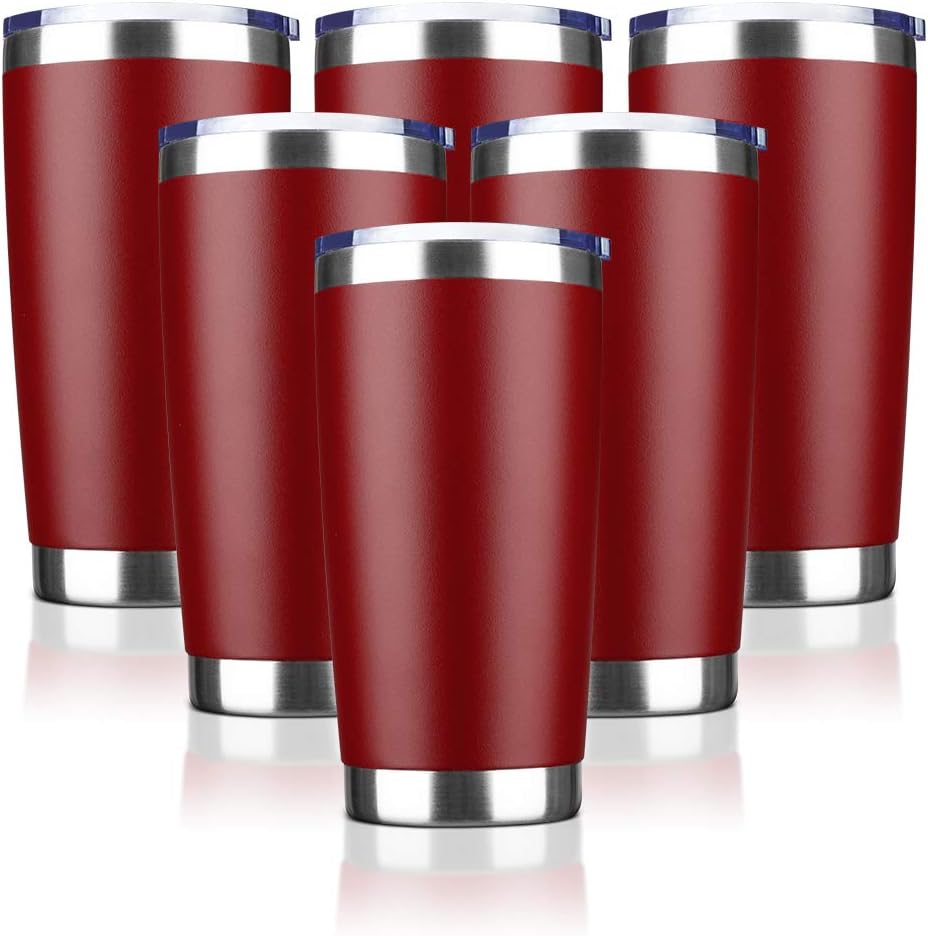 20oz Tumbler Bulk Stainless Steel Vacuum Insulated Tumblers with Lid Double Wall Travel Mug, Durable Powder Coated Coffee Cup, Suitable for Ice Drinks and Hot Beverage (Red 6pack)
