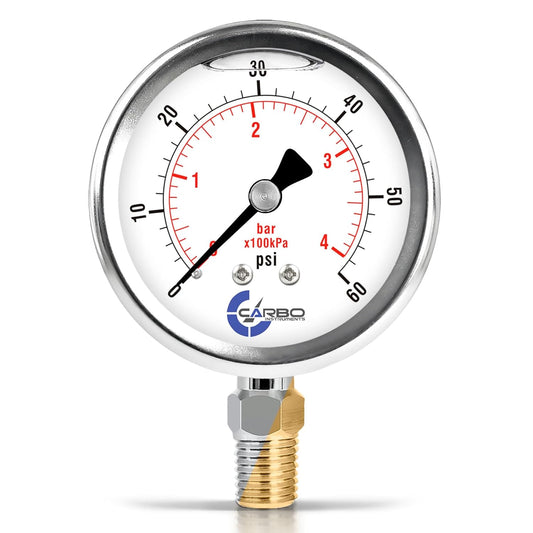 Stainless Steel Pressure Gauge Dual Display (0-60 psi/kPa) - 2 1-2" Glycerine Liquid Filled Water Air Oil Gas Gauge with Polycarbonate Lens & Brass Connection - 1/4" NPT Lower Mount