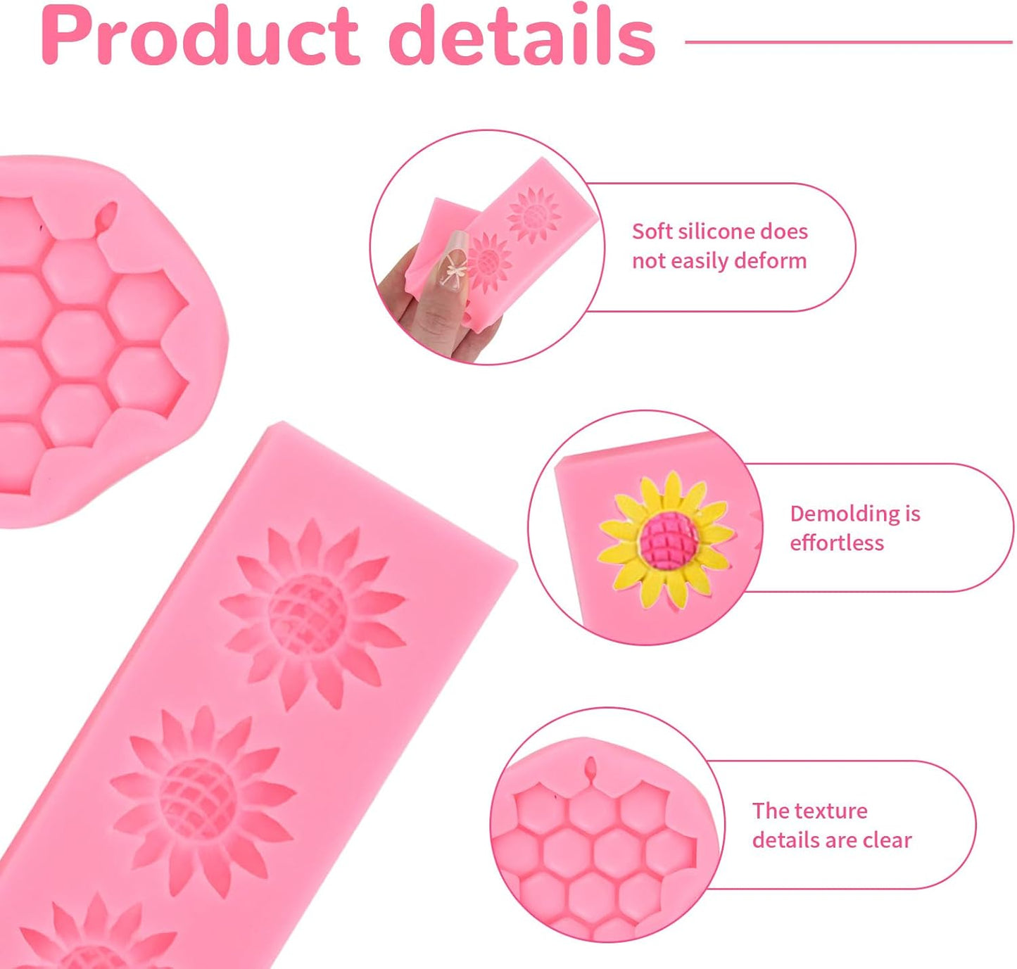 4 Pcs Bumble Bee Silicone Molds Kit with Honeycomb, Bee and Sunflower, Fondant, Chocolate, Cupcake, Cake Decorating, Candy Molds(Pink)