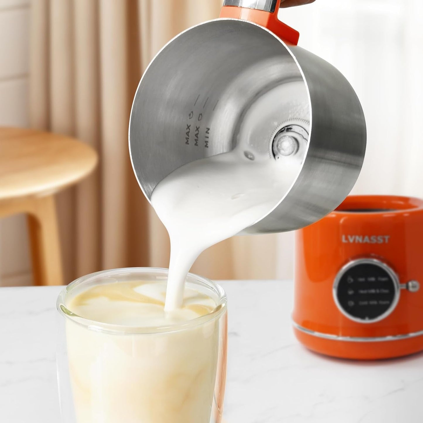 Stainless Steel Milk Frother for Coffee, 3-in-1 Electric Milk Warmer & Foam Maker, 12oz Hot Cold Frothing, Thick Foam for Macchiatos, Cappuccinos (Orange)