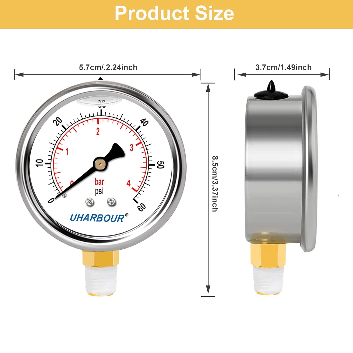 Glycerin Filled Pool Filter Pressure Gauge 60psi/4bar, Stainless Steel Case, Brass Inside Construction, 2-1/2" dial, 1/4" NPT Lower Connection Pre-Wrapped with Teflon Tape