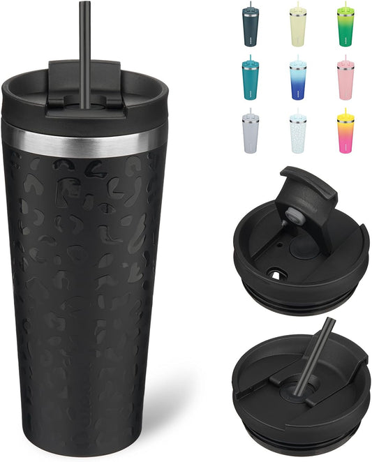 BJPKPK 22oz Insulated Tumbler With lid And Straw Stainless Steel Tumblers Travel Coffee Mug Reusable Thermal Cup,Black Leopard