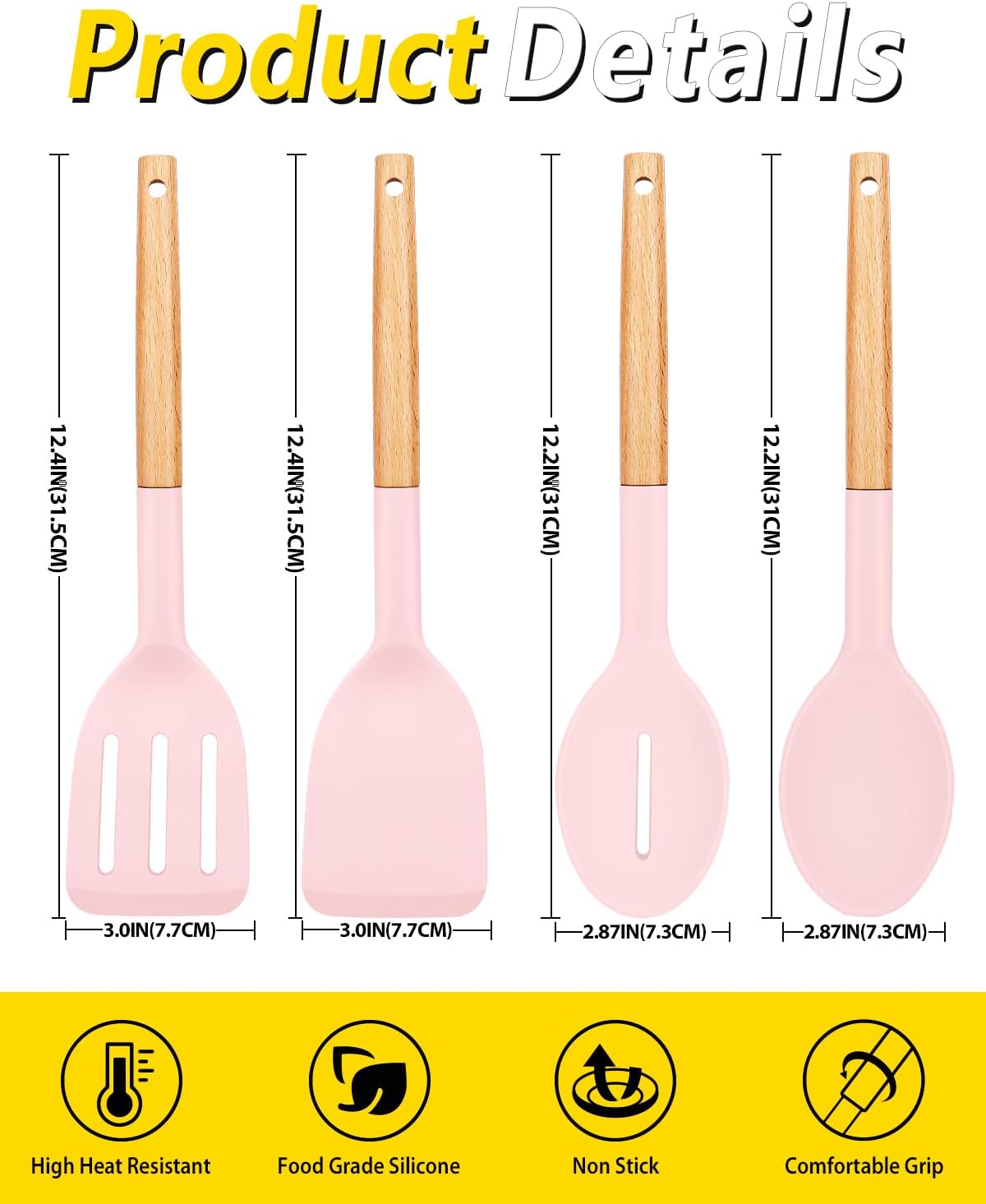 Pack of 4 Silicone Cooking Utensils Set, Non Stick Solid Spatulas and Heat Resistant Slotted Spoons with Wooden Handle, Ideal Wood Kitchen Utensils Set for Frying,Serving,Turning,Stirring (PINK)