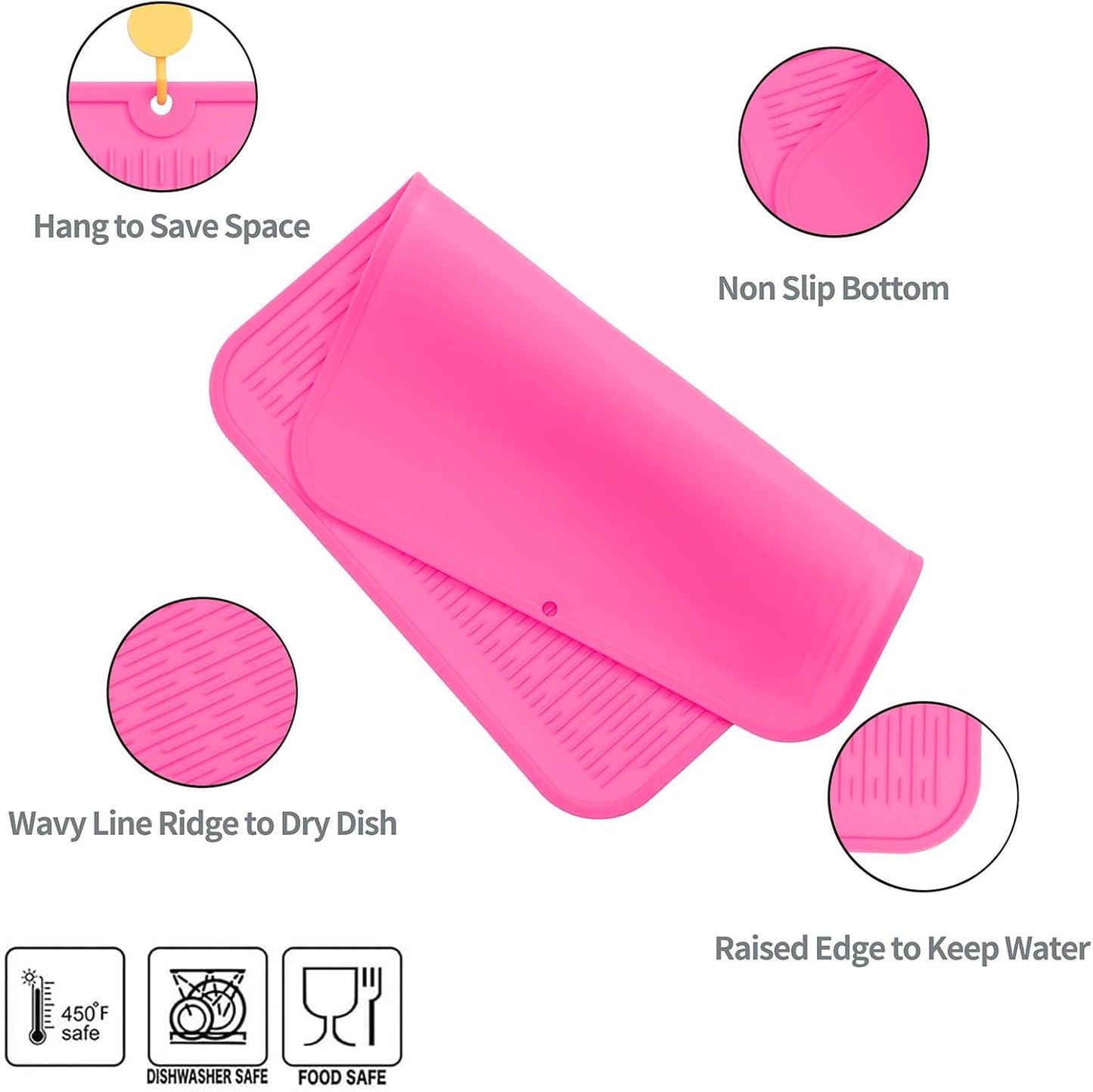 Silicone Dish Drying Mat for Multiple Usage,Easy clean,Eco-friendly,Heat-resistant Silicone Mat for Kitchen Counter or Sink,Refrigerator or Drawer Liner Rose XL 18 inches x 16 inches