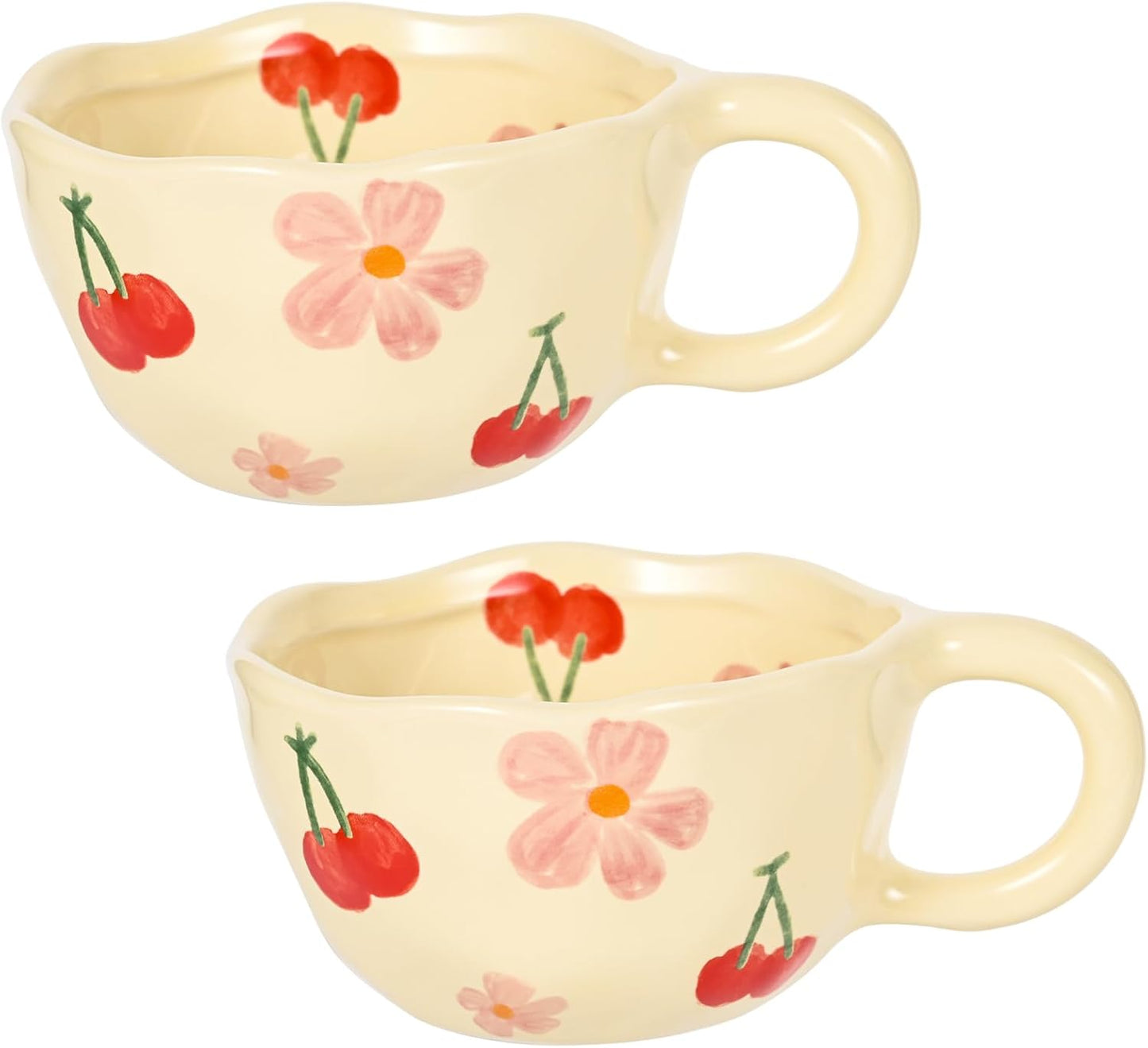 Ceramic Coffee Mug Vintage Flower Mugs 8 oz Cute Floral Coffee Mugs Irregular Latte Art Cup Lead-free Porcelain Cups for Cappuccino, Cocoa (2 Pcs Pink Cherry)