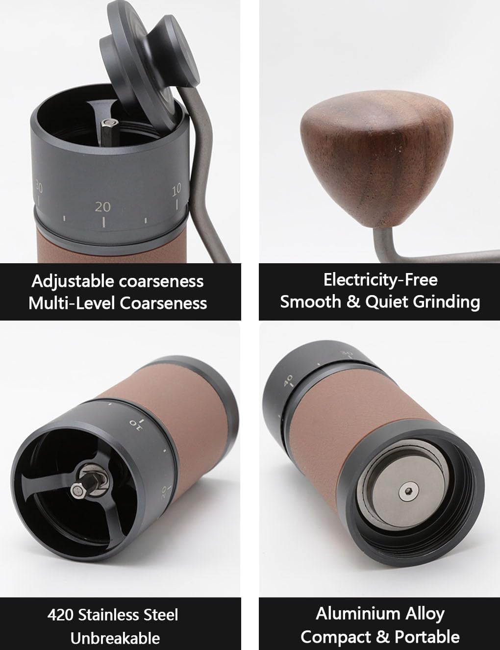 Manual coffee grinder, portable stainless steel cone grinder with solid wood knob, adjustable handle, suitable for home office travel, camping or hiking, black